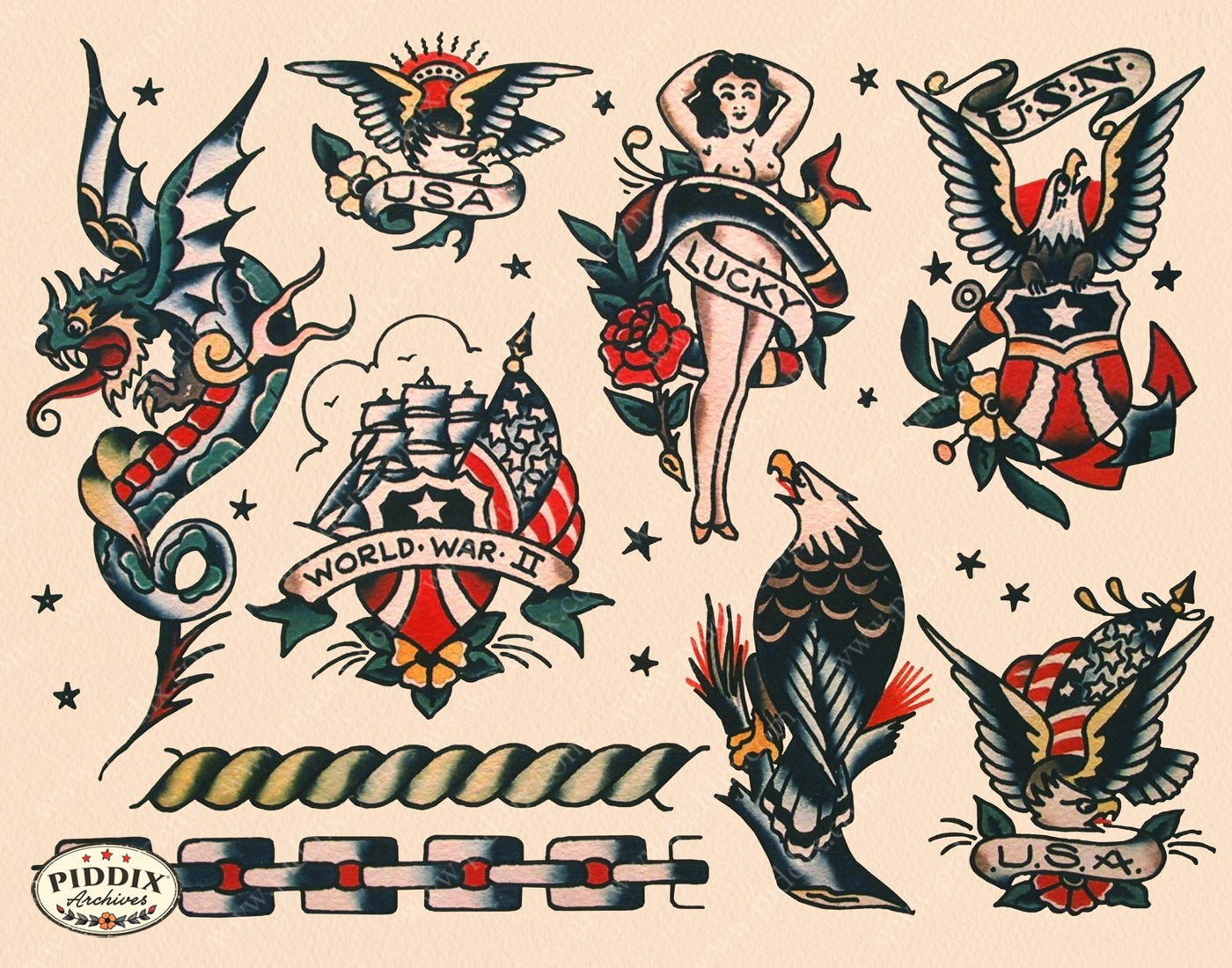 Amazon.com : Sailor Jerry Traditional Vintage Style Tattoo Flash 6 Sheets  11x14 Old School Great For Tattoo Shop Display, Sign, Artwork, Pinup Girl  Set 1 : Beauty & Personal Care